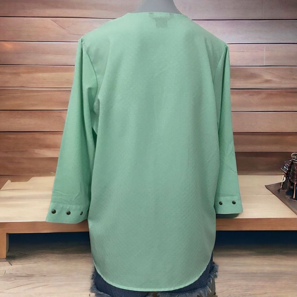Womens Wrangler‎ Rock 47 3/4 Sleeve V Neck Green Studded Blouse Size L - Picture 2 of 13